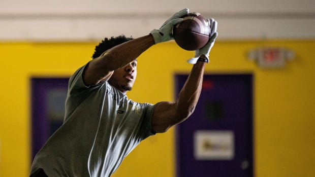 Former Trinity and Purdue star wide receiver, Rondale Moore, works out at Aspiration Fitness in Louisville on Thursday. Moore is projected to go in the first round of the NFL draft.Alton